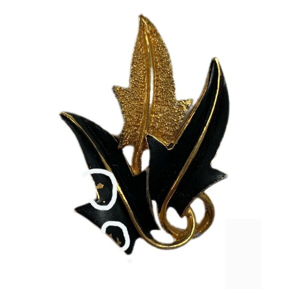 Vintage Mode Art Clip Earrings Leaf Black Enamel Signed Retro 1970s Old Money - Picture 2 of 4
